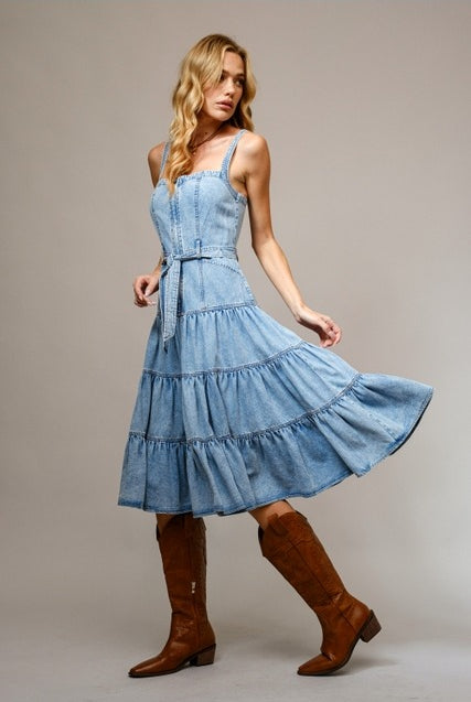Garment Washed Denim Tiered Midi Dress with Zip Front - Blue B - RARA Boutique