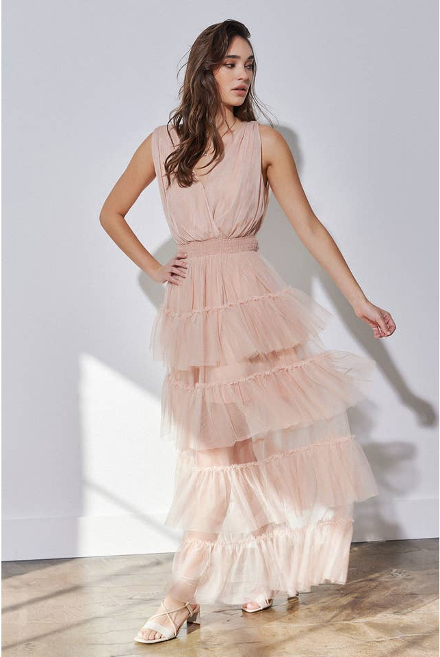 Tiered Tulle Ruffle Illusion Maxi Dress - RARA Boutique