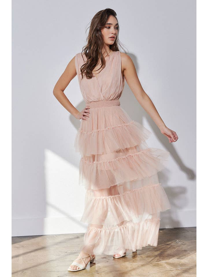 Tiered Tulle Ruffle Illusion Maxi Dress - RARA Boutique