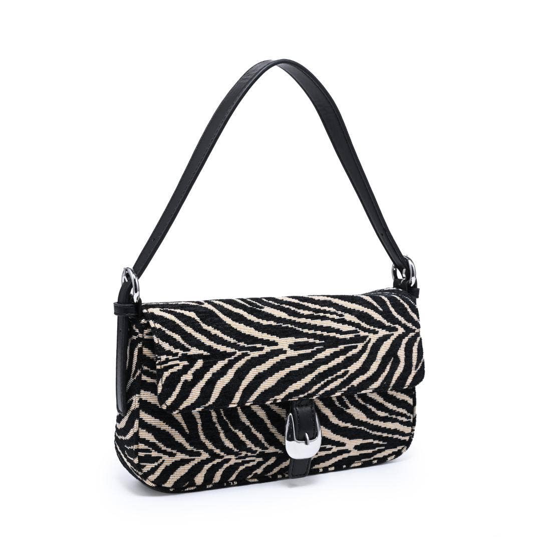 Urban Expressions Tuesday Gloria zebra shoulder bag with black and white striped pattern and adjustable shoulder strap.