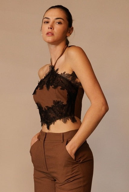 Floral Lace Trim Halter Neck Crop Top - EB Luxe - RARA Boutique