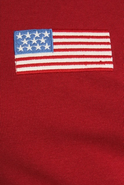 Rara Boutique embroidered American flag ribbed baby tee featuring patriotic flag design and soft fabric, perfect for young children