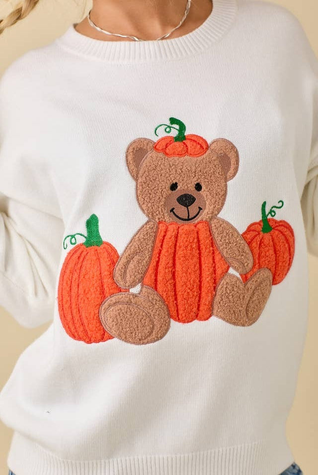 Textured Pumpkin Teddy Bear Embroidered Patchwork Sweater - Main Strip - RARA Boutique