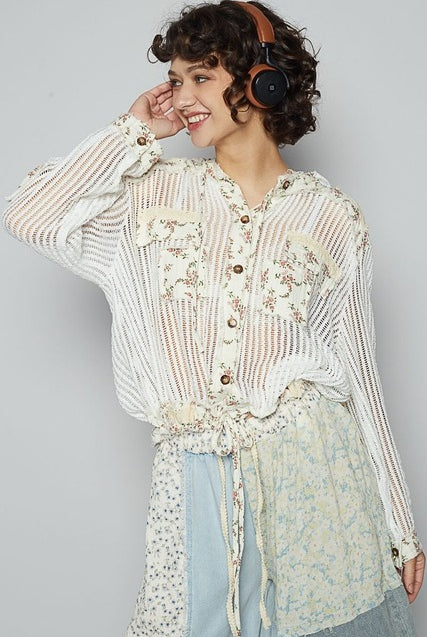 RARA Boutique floral patch open knit crochet hoodie jacket with colorful floral designs and lightweight, breathable fabric.