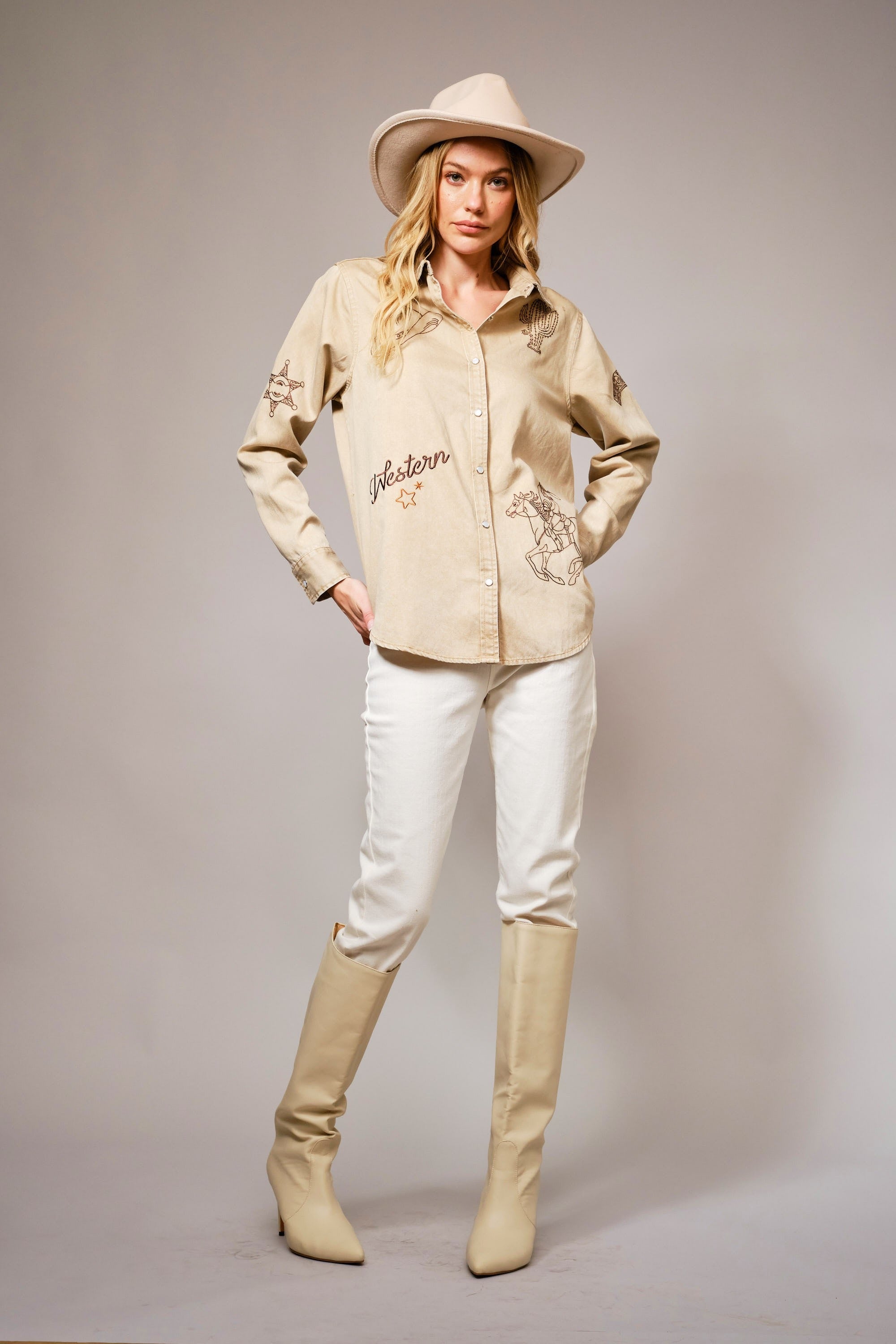 Western Ebroidered Snap Button Chambray Shirt Blouse - Blue B - RARA Boutique