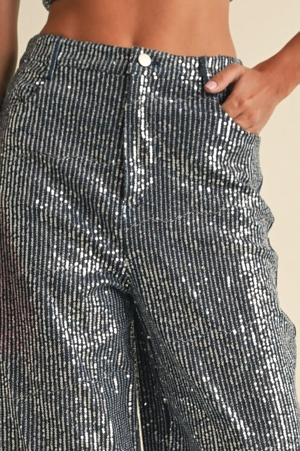 Striped Sequin Wide Leg Jeans - EB Luxe - RARA Boutique