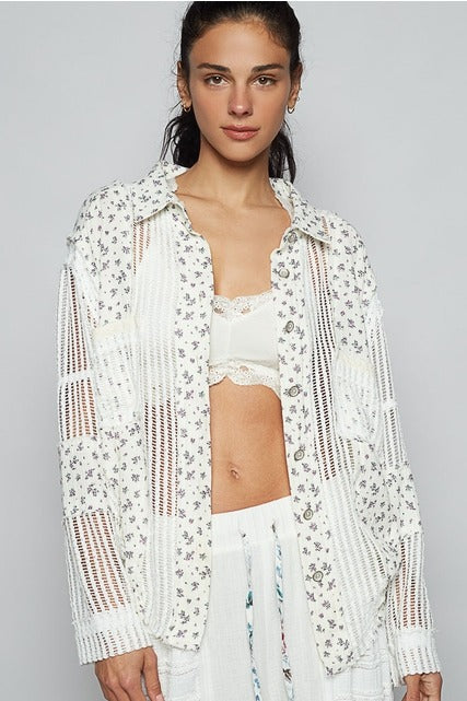 Floral Gauze Patch Crochet Button Down Shirt - POL - RARA Boutique
