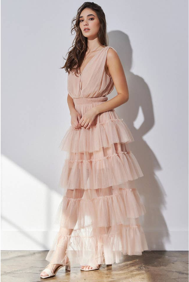 Tiered Tulle Ruffle Illusion Maxi Dress - RARA Boutique