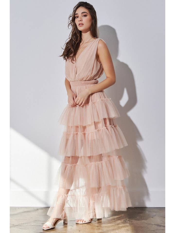 Tiered Tulle Ruffle Illusion Maxi Dress - RARA Boutique