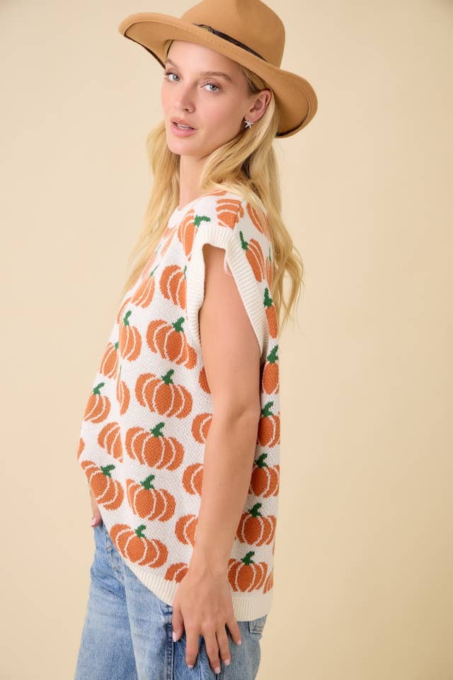 Pumpkin Print Knit Sweater Vest Sleeveless Top - Main Strip - RARA Boutique