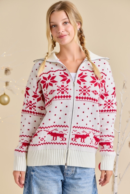 Christmas Faire Isle Knit Sweater Jacket - Main Strip - RARA Boutique