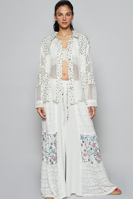 Floral Gauze Patch Crochet Button Down Shirt - POL - RARA Boutique