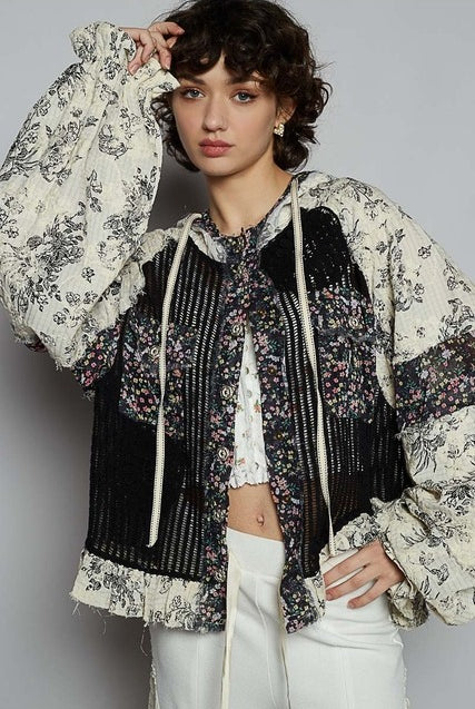RARA Boutique floral crochet and gauze jacket with balloon sleeves and contrast design, stylish and lightweight for casual wear.