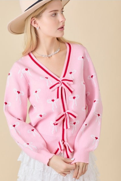 Ribbon Bow Print Striped Cardigan - Main Strip - RARA Boutique