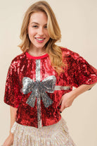 Christmas Bowtie Print Sequin Crop Top - RARA Boutique