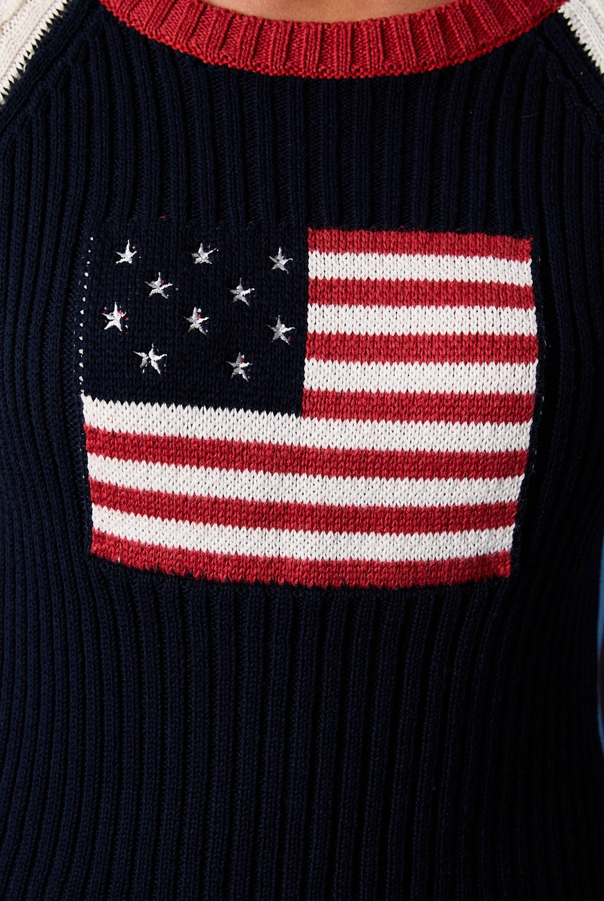 American flag raglan knit blouse with short sleeves from RARA Boutique, featuring a casual patriotic style.
