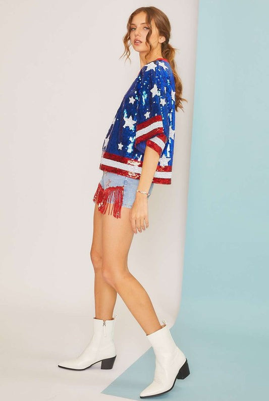 4th of July Star Print Sequin Crop Top - RARA Boutique