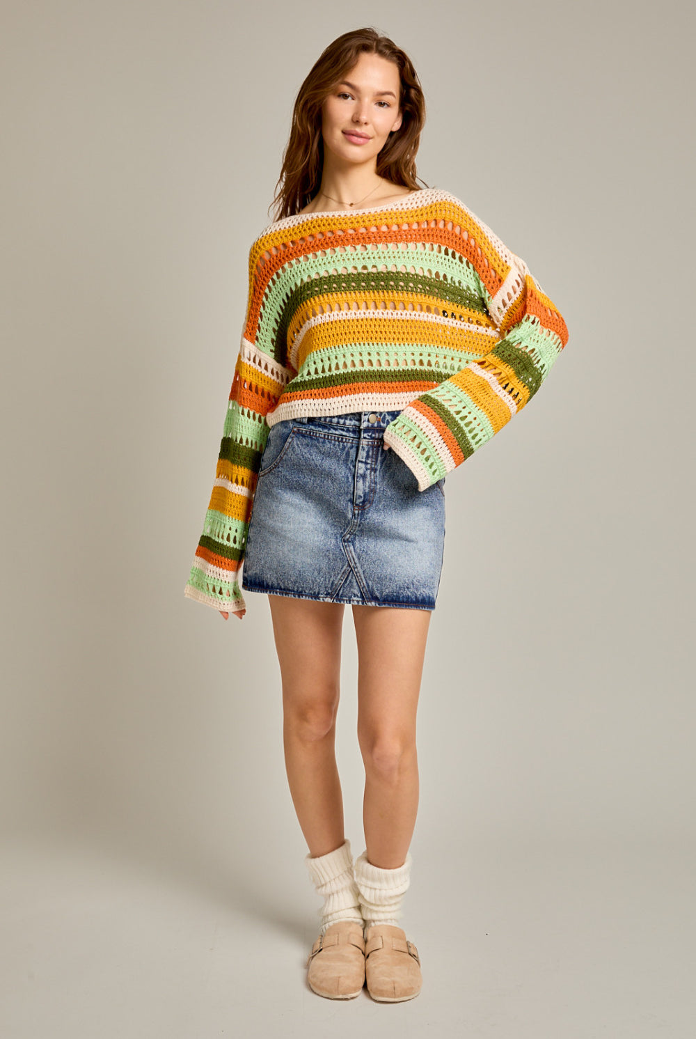 Multicolor Striped Crochet Knit Sweater Top - RARA Boutique
