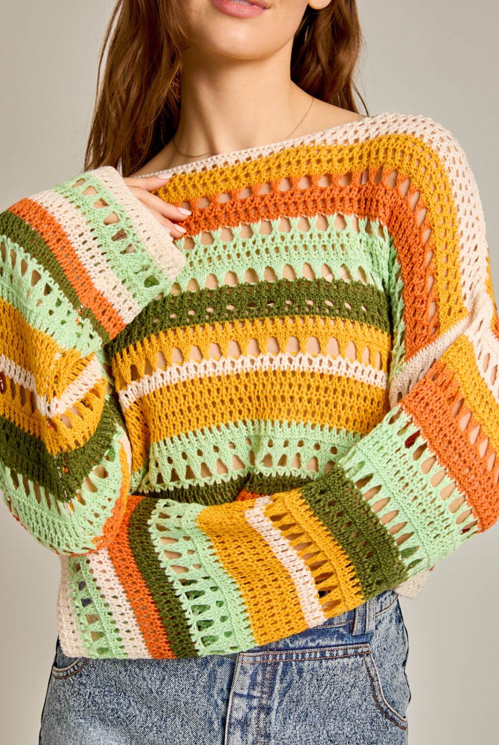 Multicolor Striped Crochet Knit Sweater Top - RARA Boutique