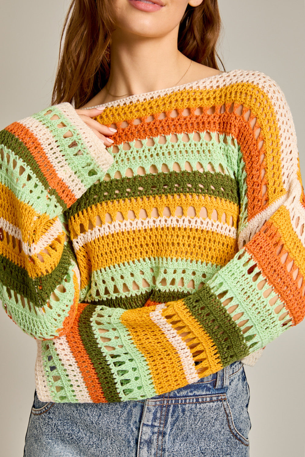 Multicolor Striped Crochet Knit Sweater Top - RARA Boutique