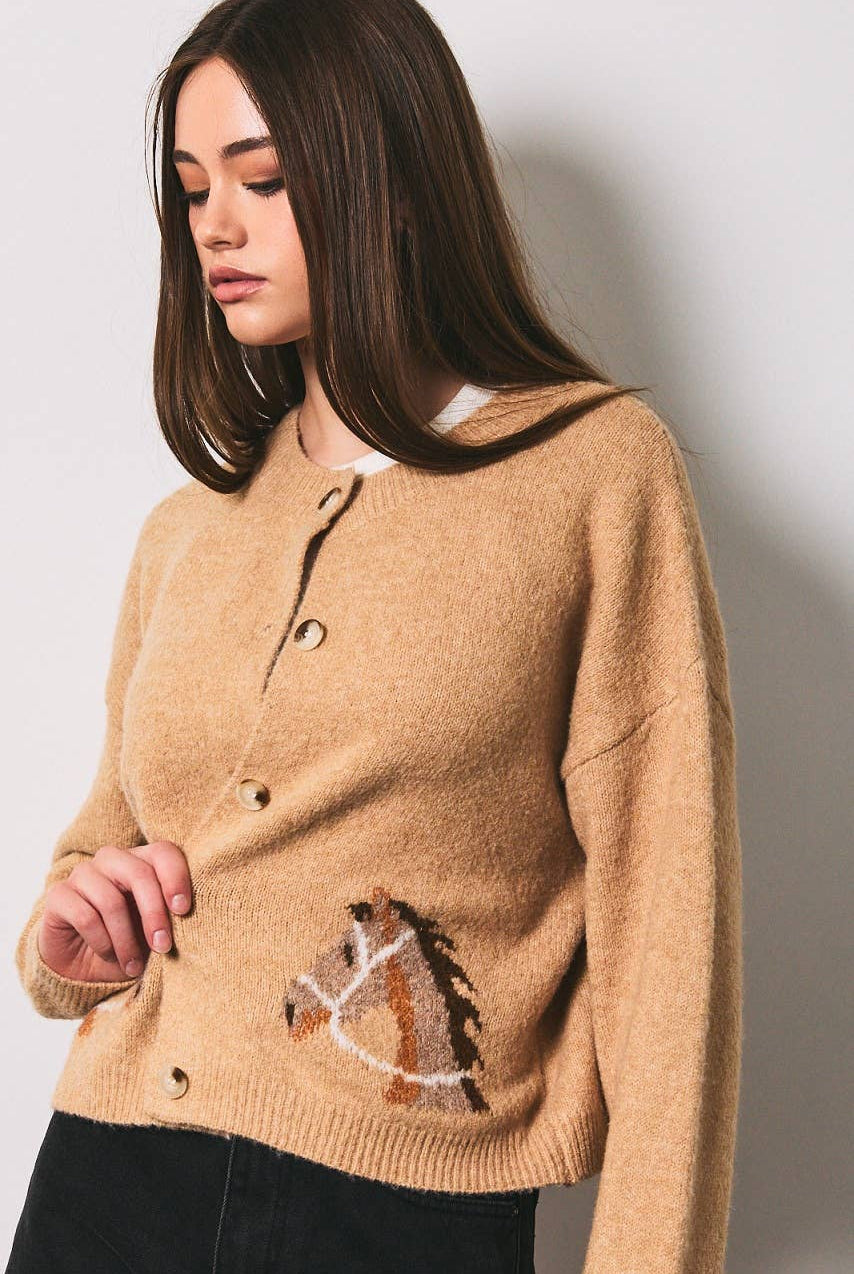 LE LIS horse graphic crew neck cardigan featuring a detailed horse design on a cozy knit fabric.