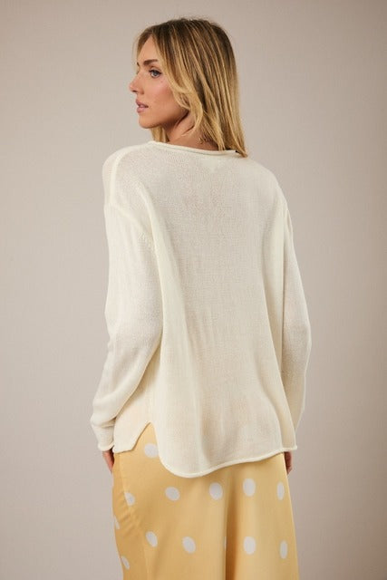 RARA Boutique Lemon Graphic lightweight knit sweater showing a vibrant yellow lemon design on soft fabric.