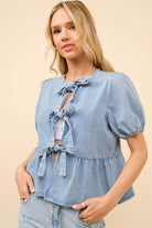 Puff Sleeve Bow Tie Front Denim Cut Out Top - Blue B - RARA Boutique