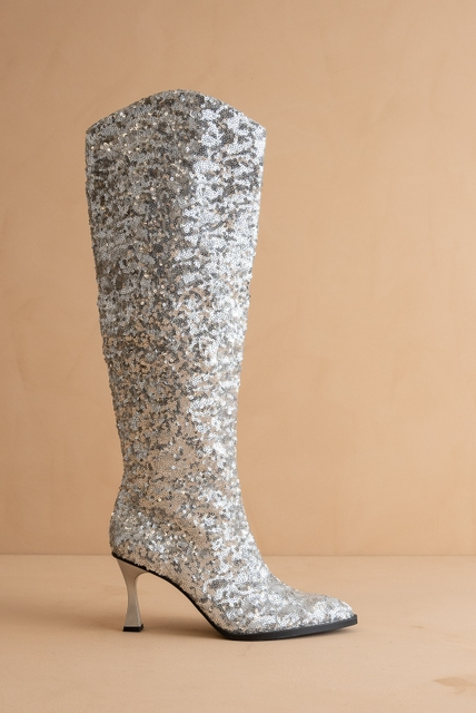 Pyramid Heel Knee High Sequin Boots - Oasis Society - RARA Boutique