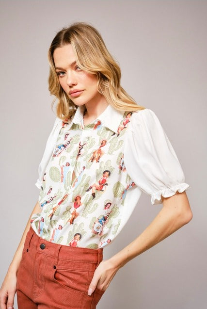 Western Pin Up Girl Cactus Print Lace Collar Blouse - Blue B - RARA Boutique