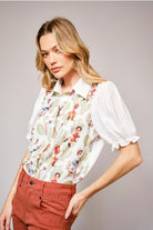 Western Pin Up Girl Cactus Print Lace Collar Blouse - Blue B - RARA Boutique