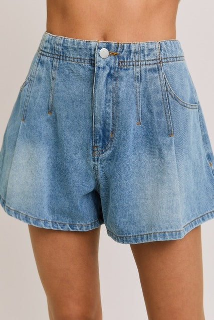 PLEATED DETAIL DENIM SHORTS | DENIM - RARA Boutique