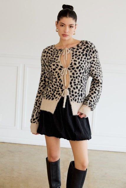 Front Tie Leopard Print Plush Knit Cardigan - Sunday Edition - RARA Boutique