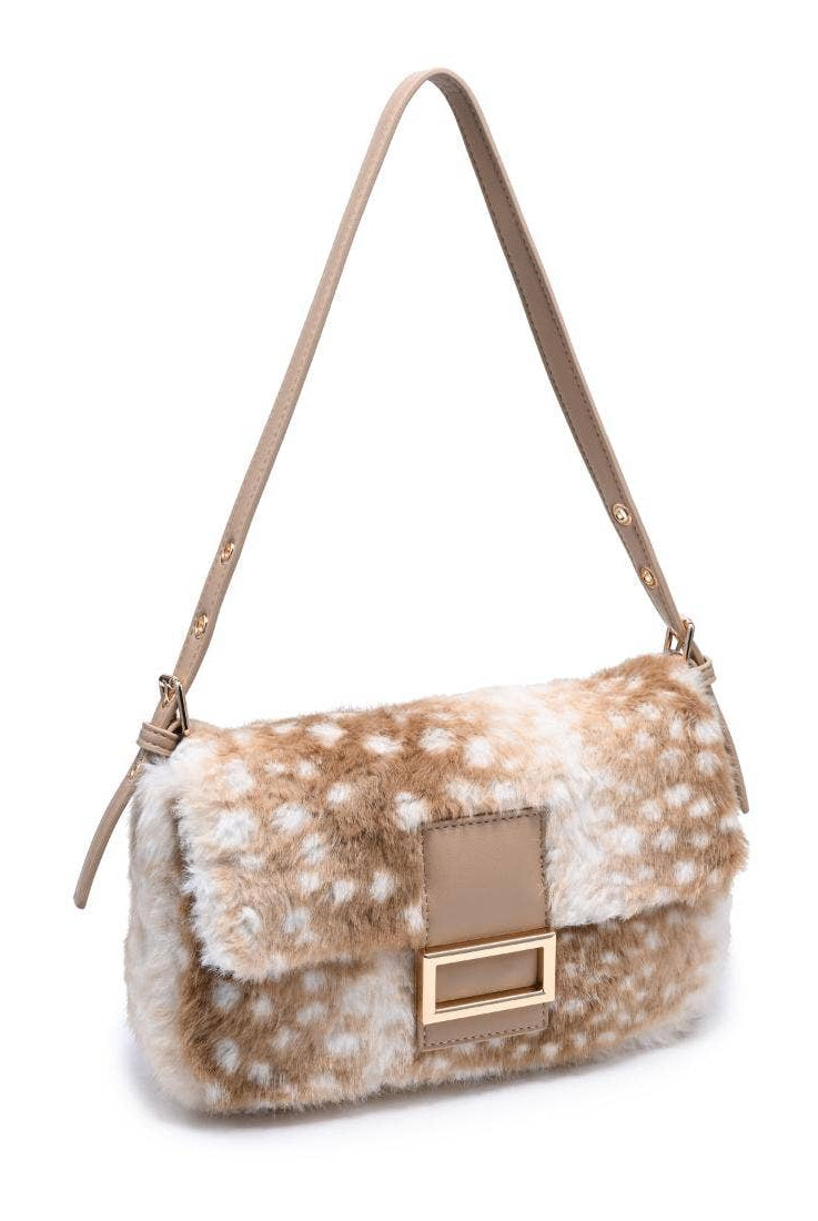 Urban Expressions Tuesday Beverly deer print fur crossbody bag with adjustable strap and unique animal design.