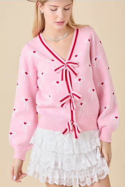 Ribbon Bow Print Striped Cardigan - Main Strip - RARA Boutique