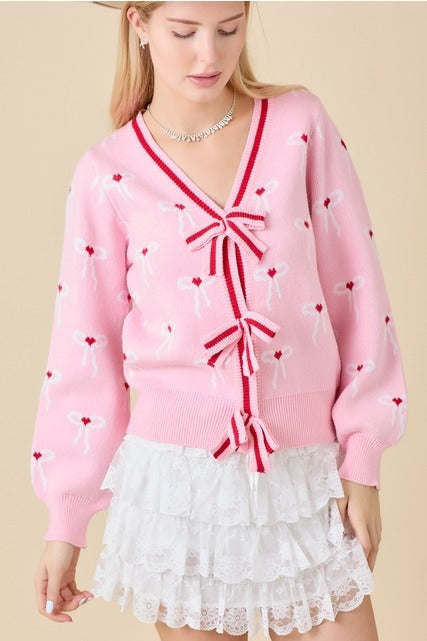 Ribbon Bow Print Striped Cardigan - Main Strip - RARA Boutique