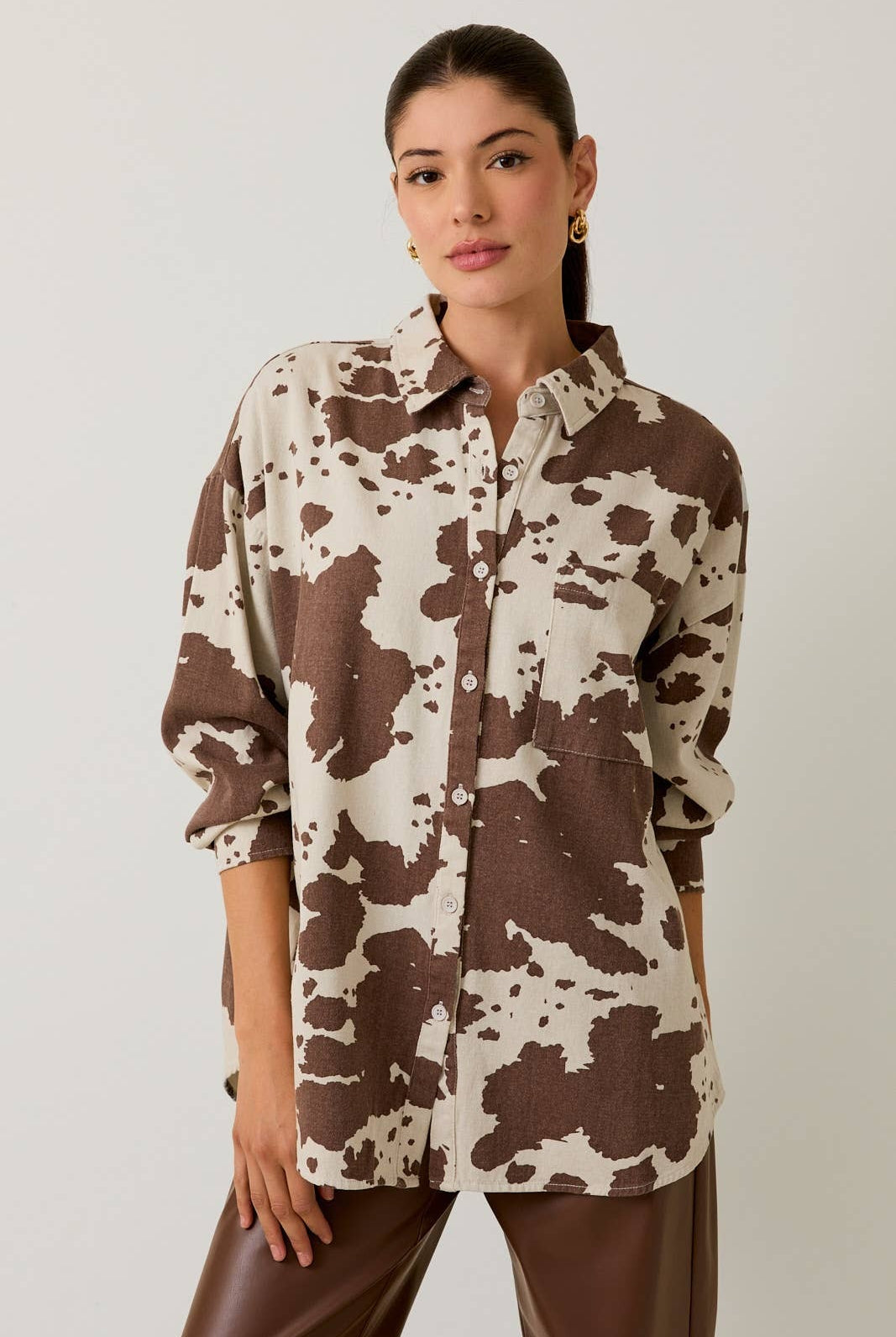 Oversized Cow Print Denim Long Sleeve Button Down Shirt - Sunday Edition - RARA Boutique