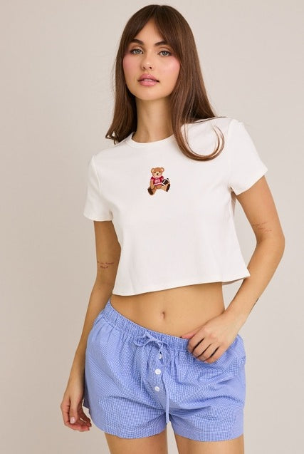 Embroidered Football Teddy Bear Baby Tee - Le Lis - RARA Boutique