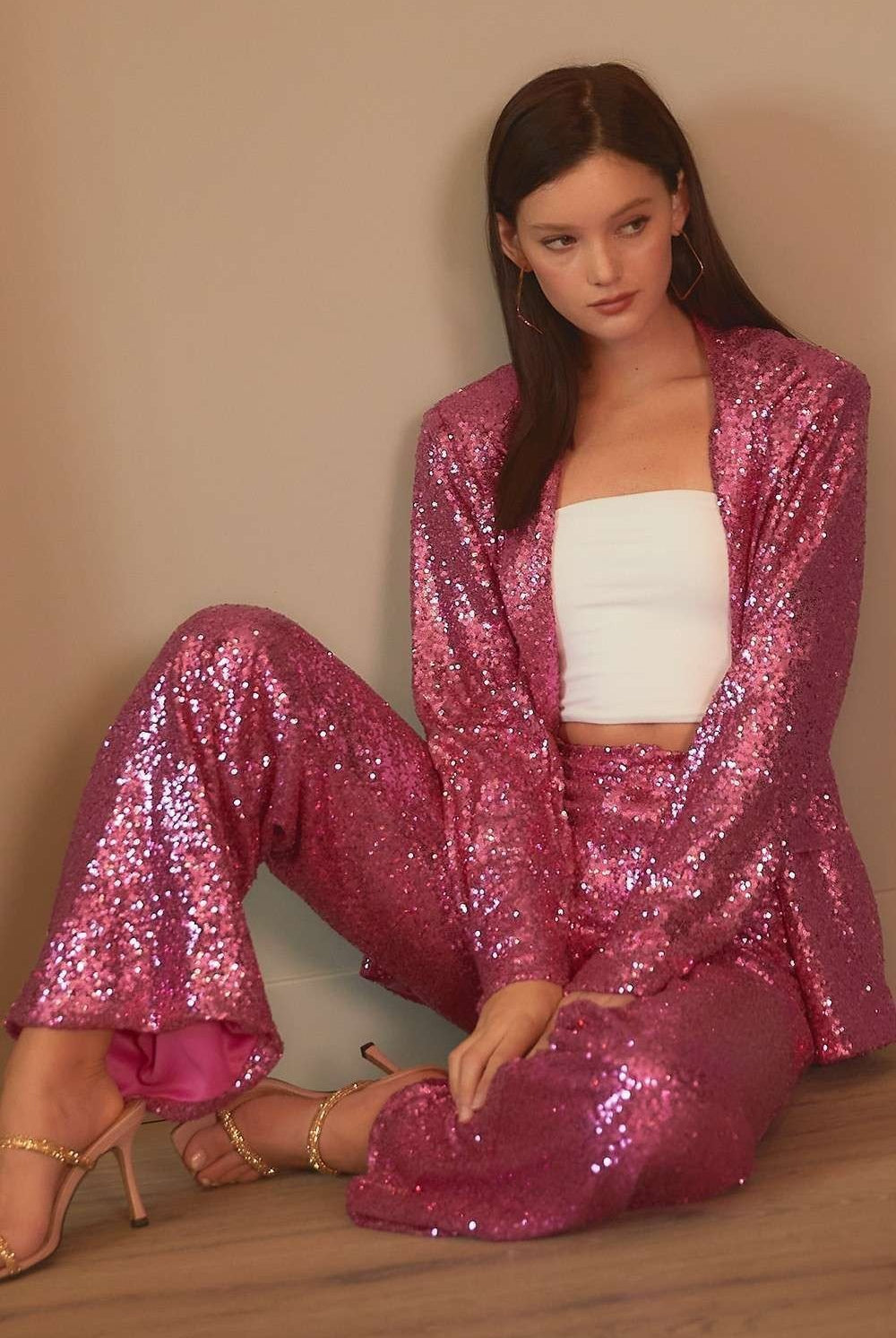 High Rise Wide Leg Sequin Trouser Pants - Main Strip - RARA Boutique