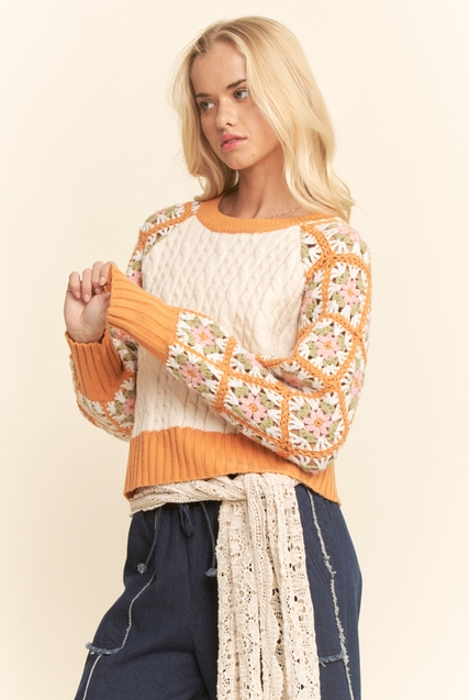 Crochet Sleeve Granny Square Cable Knit Sweater - Davi & Dani - RARA Boutique