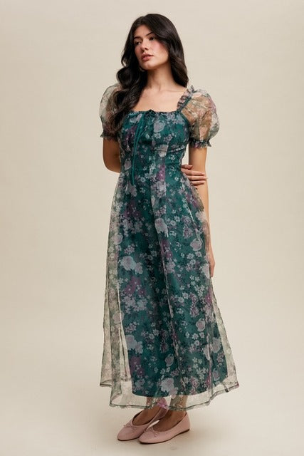 Organza Puff Sleeve Floral Print Maxi Dress - Listicle - RARA Boutique