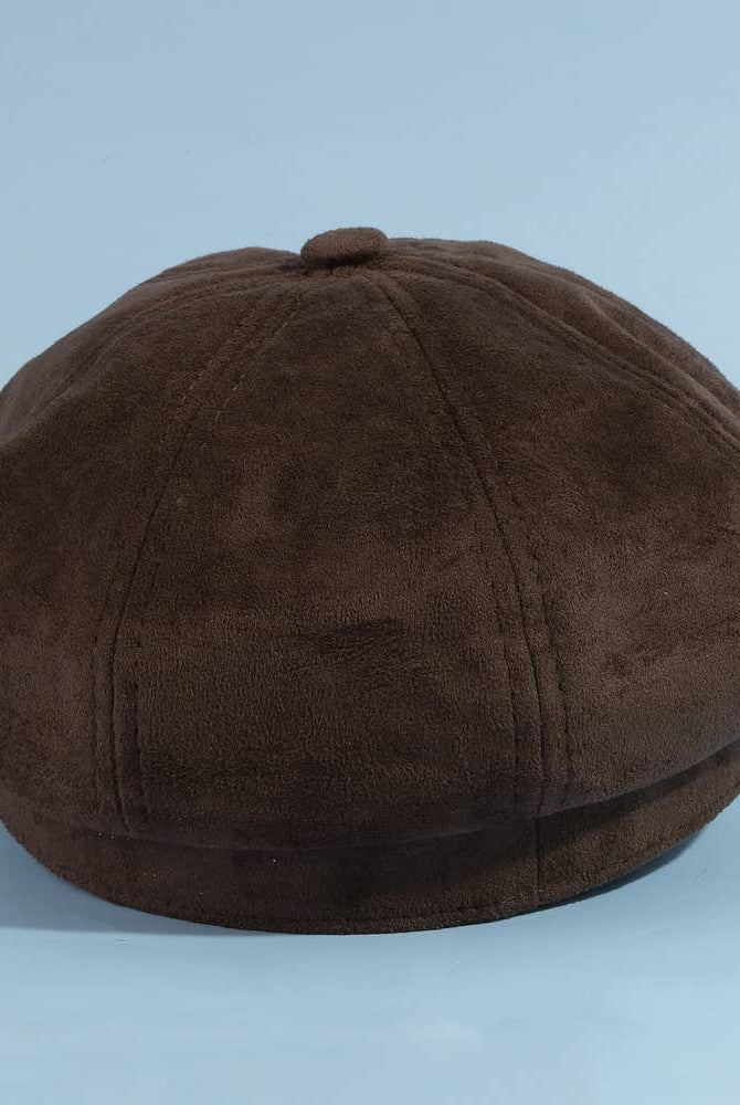 Vegan suede newsboy cabbie hat with plush trim in tan, stylish accessory from Collections by Fame Accessories.