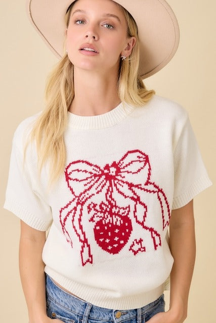 Strawberry Bow Boxy Sweater Knit Short Sleeve Top - Main Strip - RARA Boutique