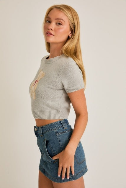 Short Sleeve Crew Neck Teddy Bear Sweater Crop Top - Le Lis - RARA Boutique