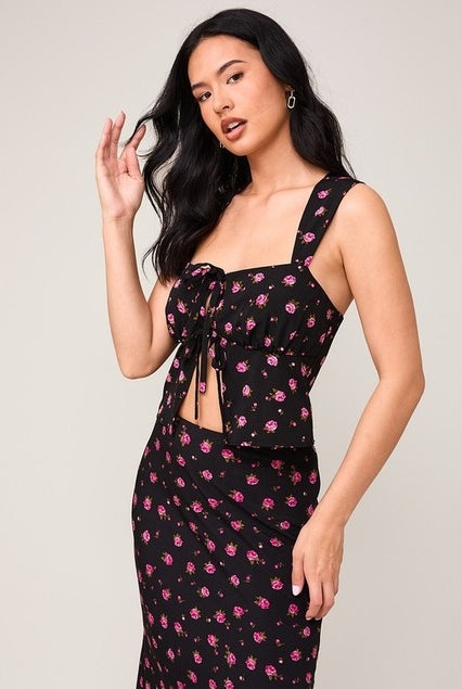 Floral Rose Print Front Tie Wide Strap Top - Le Lis - RARA Boutique