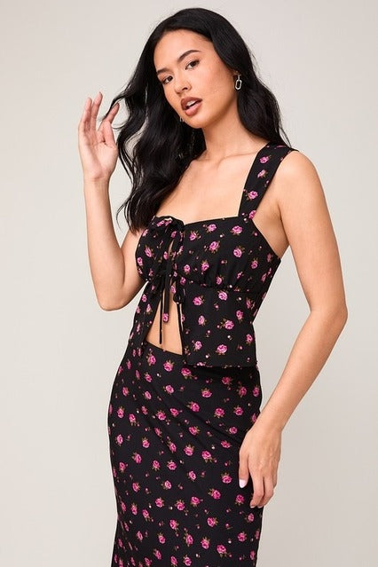 Floral Rose Print Front Tie Wide Strap Top - Le Lis - RARA Boutique