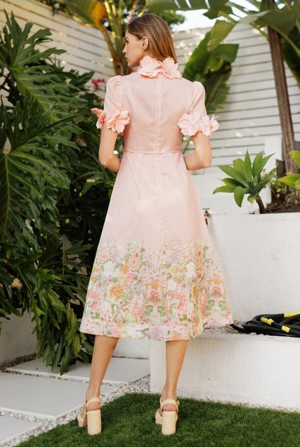 3D Floral Trim High Neck Short Sleeve Midi Dress - EB Luxe - RARA Boutique