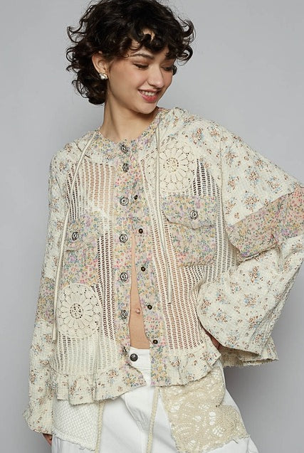 RARA Boutique floral crochet and gauze jacket with balloon sleeves and contrast design, perfect for casual or layered outfits.