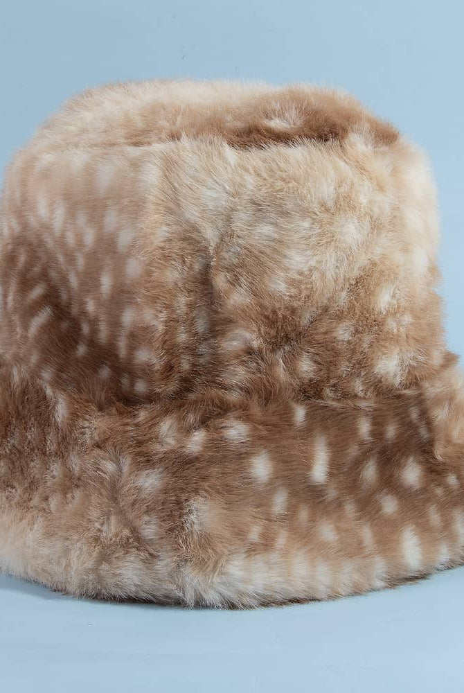 Spotted plush fawn fur bucket hat with soft texture and wide brim, designed by Collections by Fame Accessories.