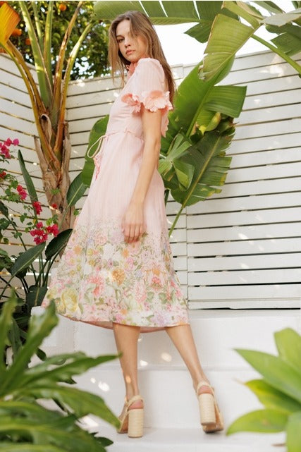 3D Floral Trim High Neck Short Sleeve Midi Dress - EB Luxe - RARA Boutique