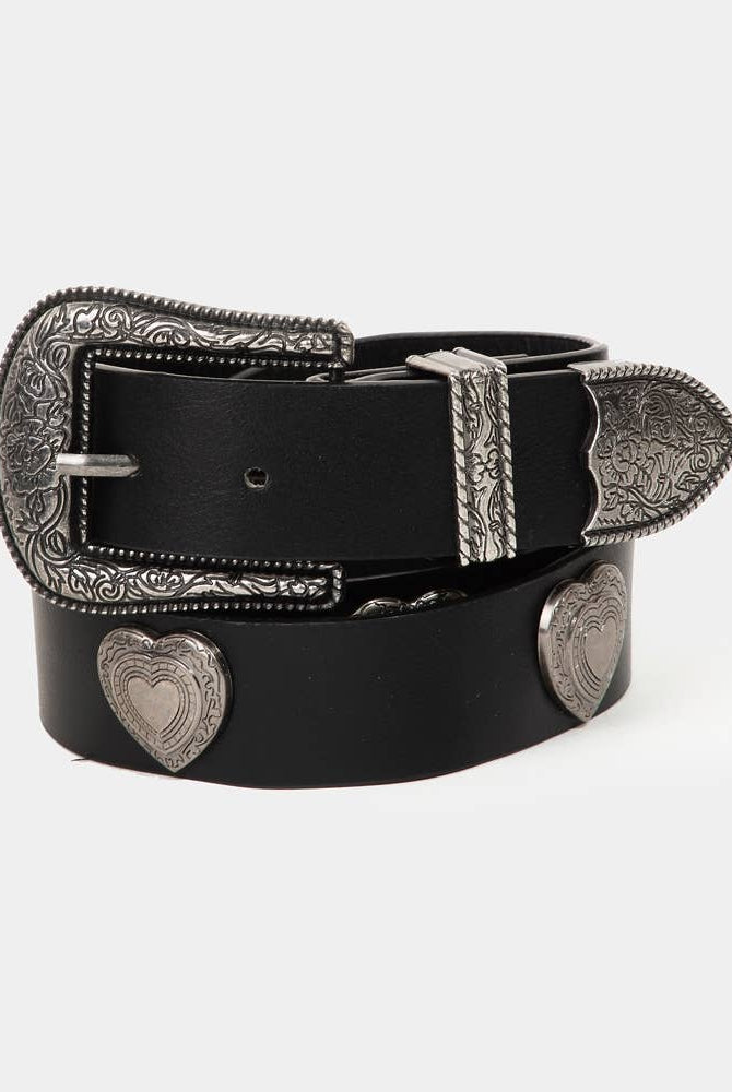 Western etched flower heart vegan leather belt with floral design and heart-shaped buckle from Collections by Fame Accessories.